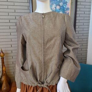 Brown zip front abstract print long sleeve jacket by Giorgio Armani silk wool